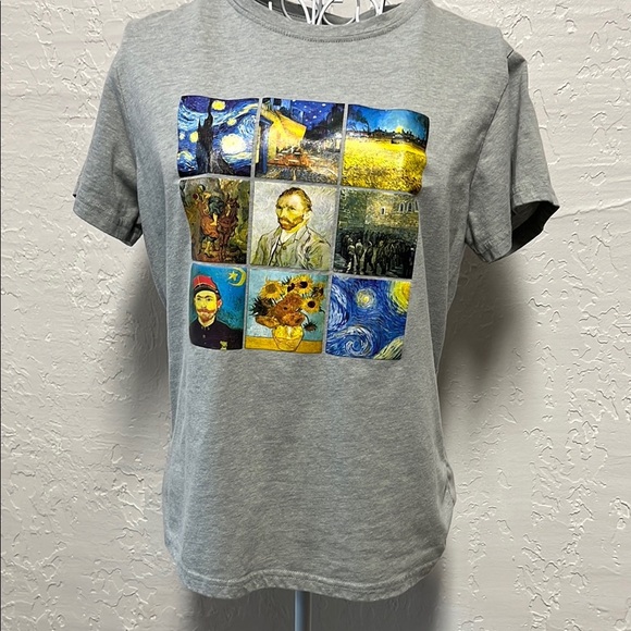SHEIN Gray Short Sleeve Tee with Van Gogh Artistic Print - Picture 1 of 5